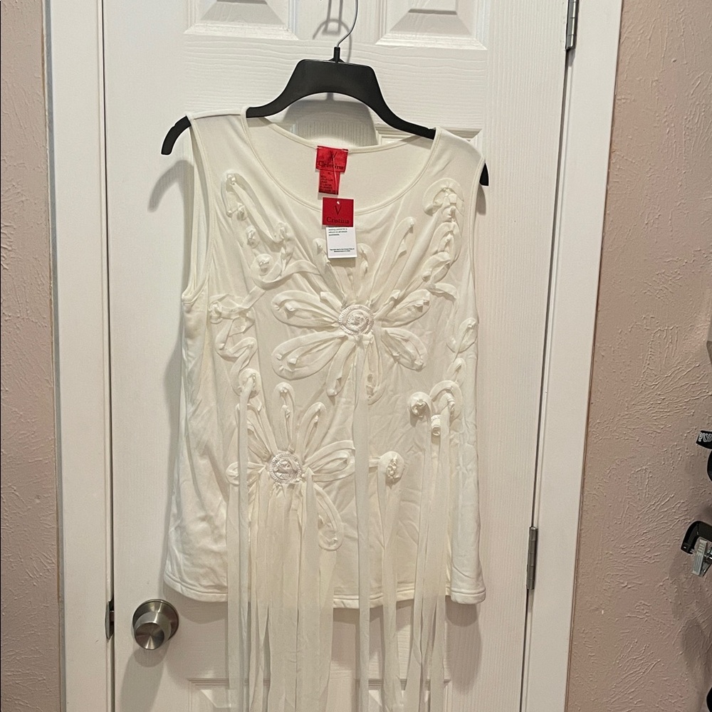 V Cristina Cream Sleeveless Top with Floral Accents